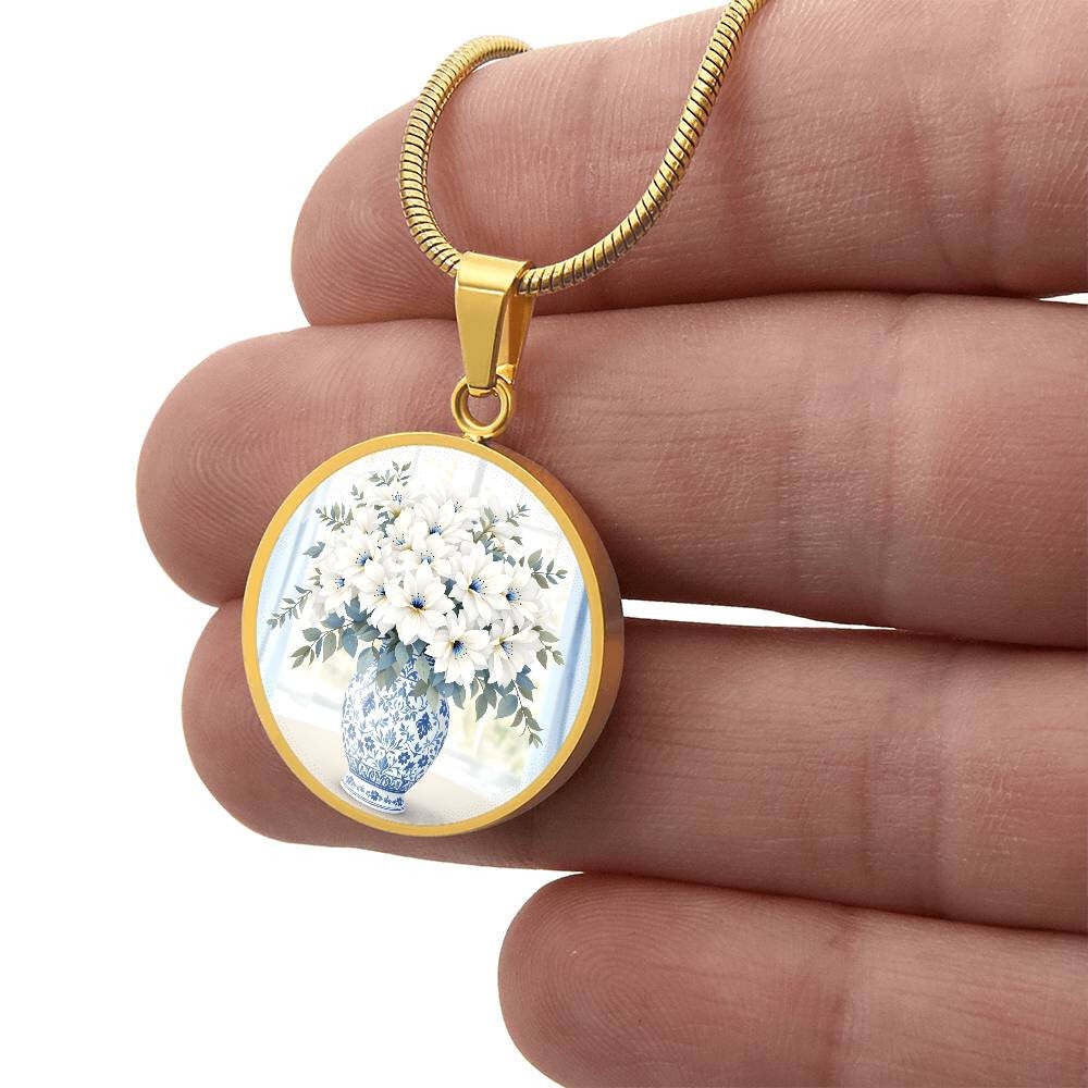 Engraved Floral Pendant Necklace Delft Blue Vase