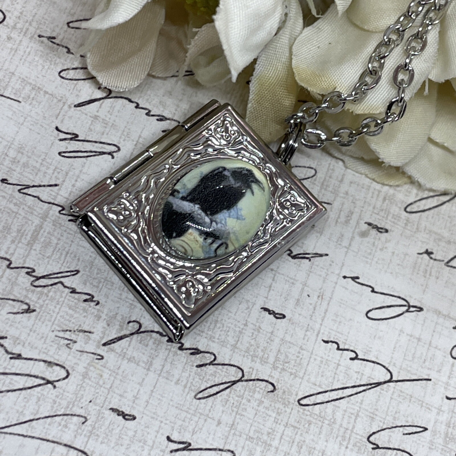 Black Gothic Raven Silver New Pendant Locket Necklace Crow Photo Book birthday