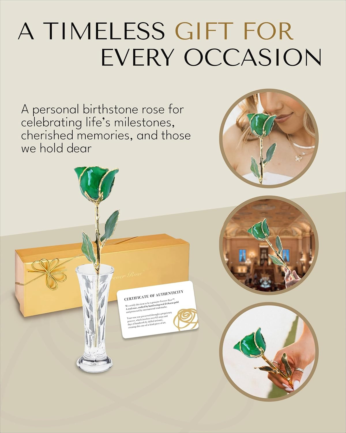 24K Gold-Dipped Rose with Emerald May Birthstone in Luxury Gift Box