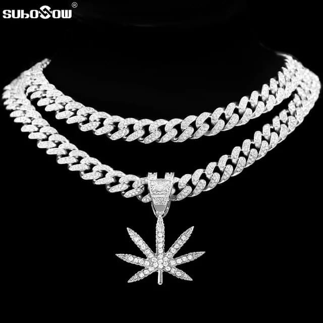 14K White Gold Plated Weed Leaf 12MM CZ’s Iced Out Cuban Link Necklace