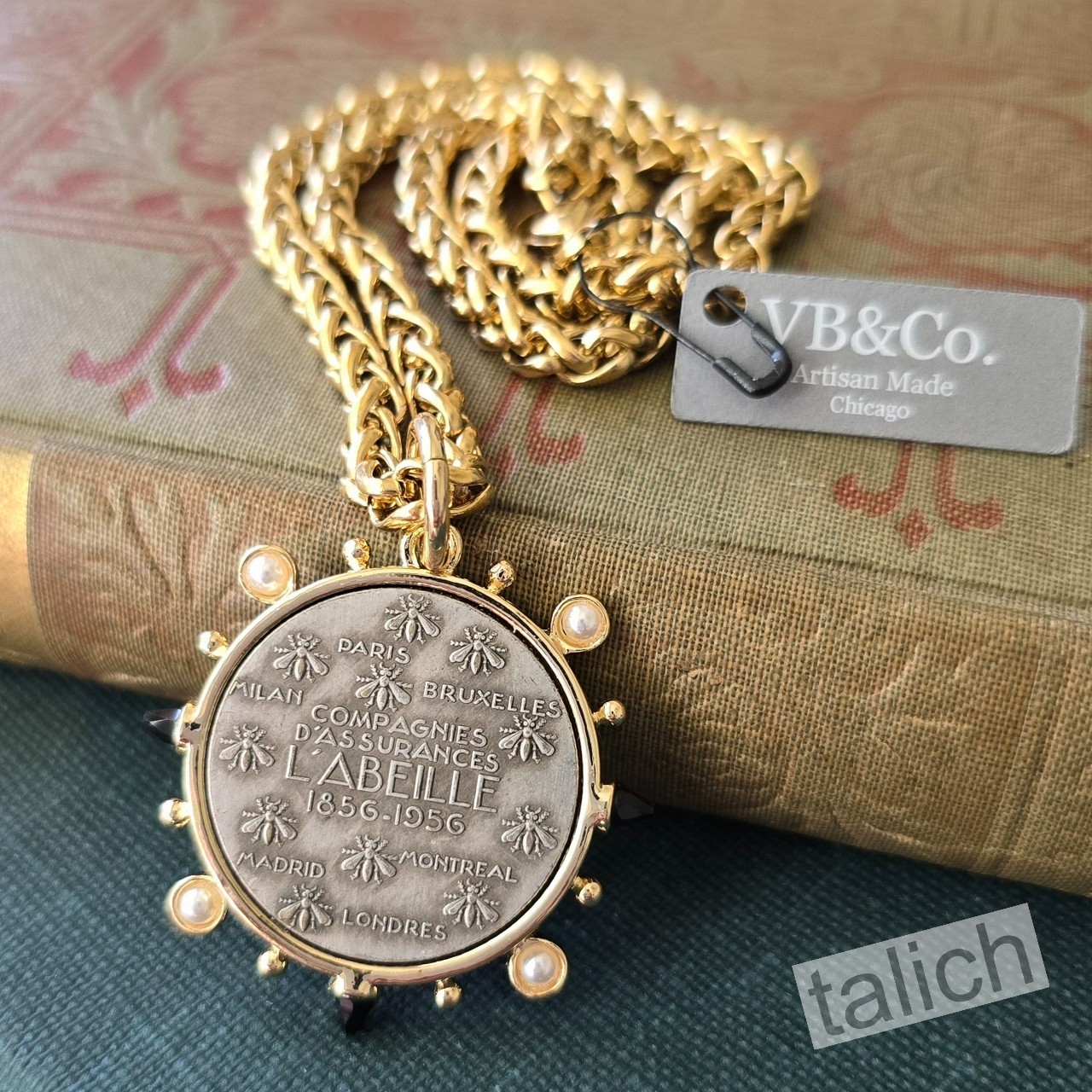 Designer VB&CO Vintage Style Pearl Accent French Bee Coin Pendant Necklace Chic