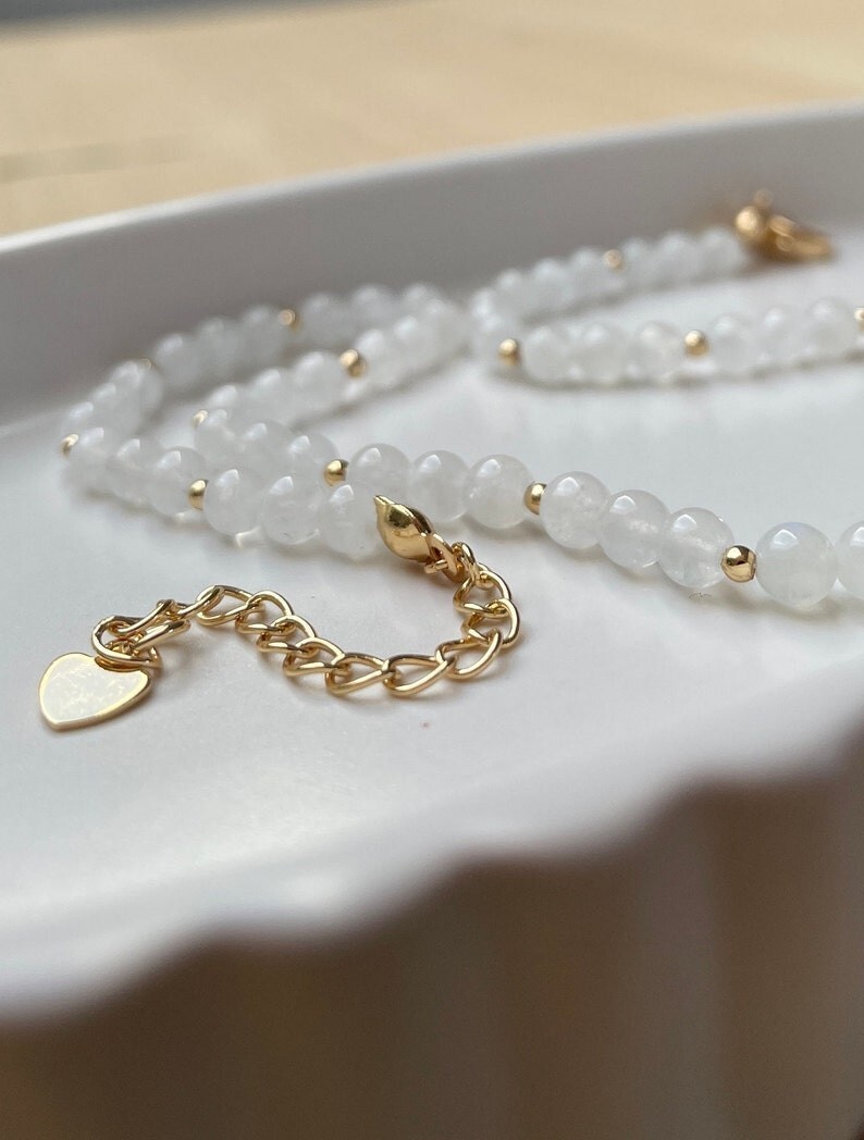 White Moonstone Smooth Round Gemstone Gold Filled Beads Handmade Necklaces 18”