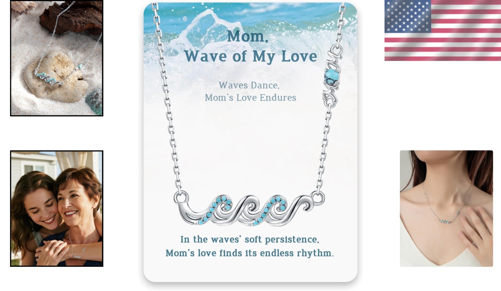 Wave Necklace for Women– 925 Sterling Silver Ocean Jewelry with Turquoise, Senti