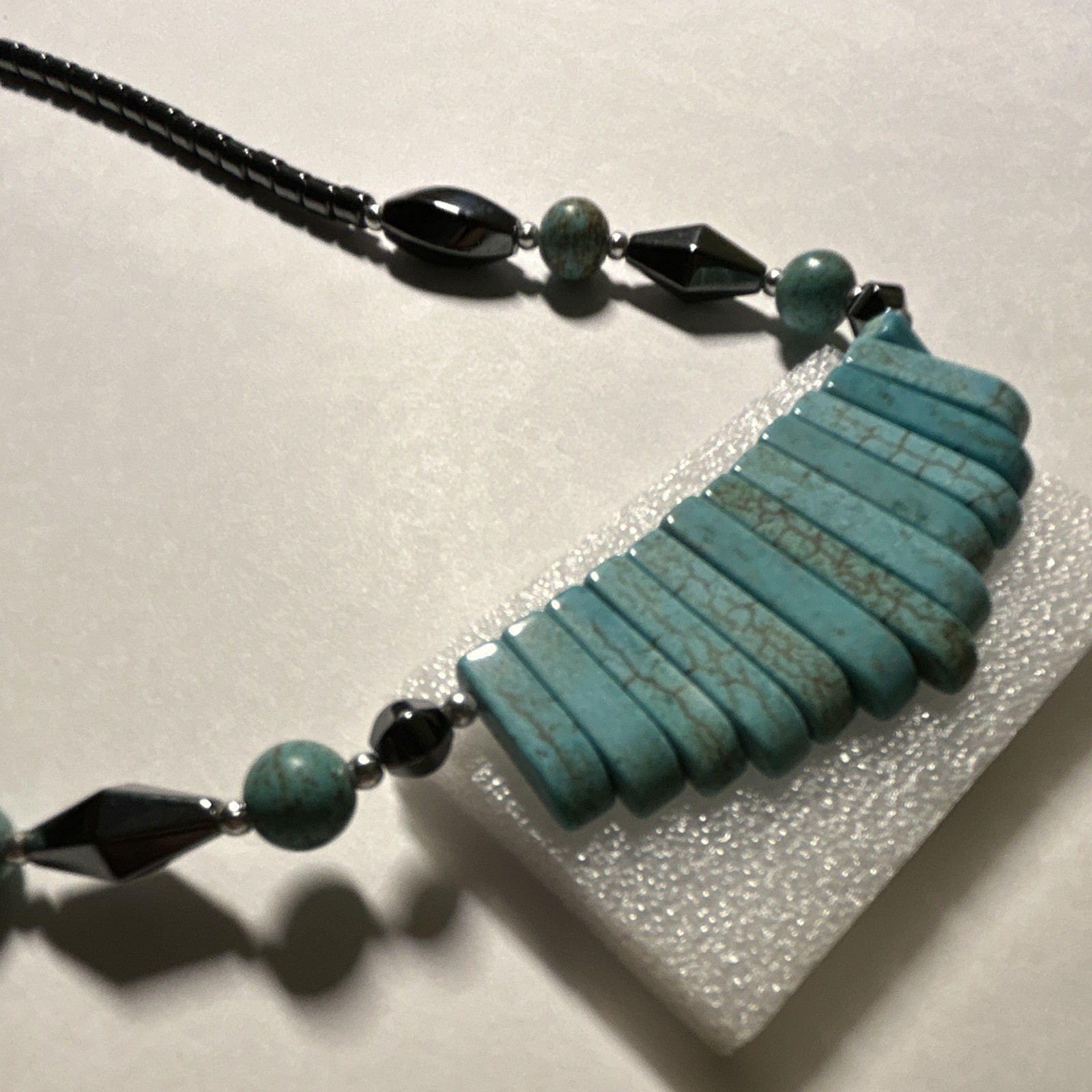 Turquoise Rectangle Bar Pendant Necklace w/ Hematite Black Beads Barrel Clasp