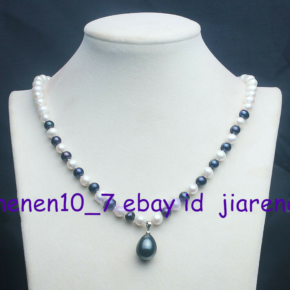 Genuine 7-8mm White Black Freshwater Pearl 12x16mm Pendant Necklace 18in Z1838
