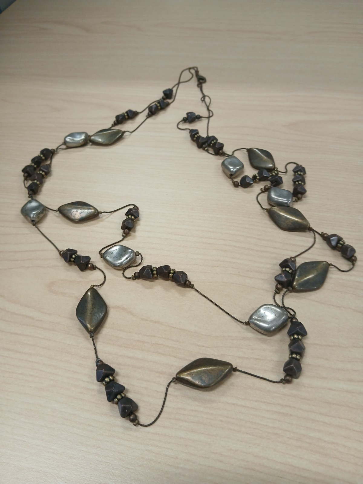 Layered Multi-Strand Beaded Cord Necklace Bronze Silver Black Lobster 36 in