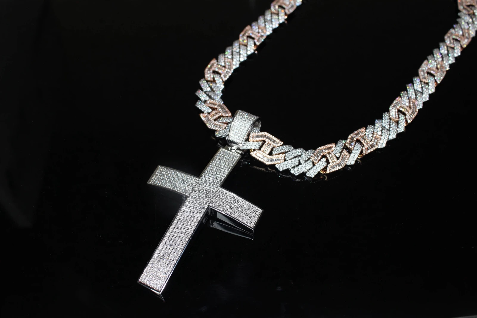 14k Stamp XL CROSS Pendant 14mm FIGARUCCI 2Tone Rose Chain 98ct Lab Sim Diamond