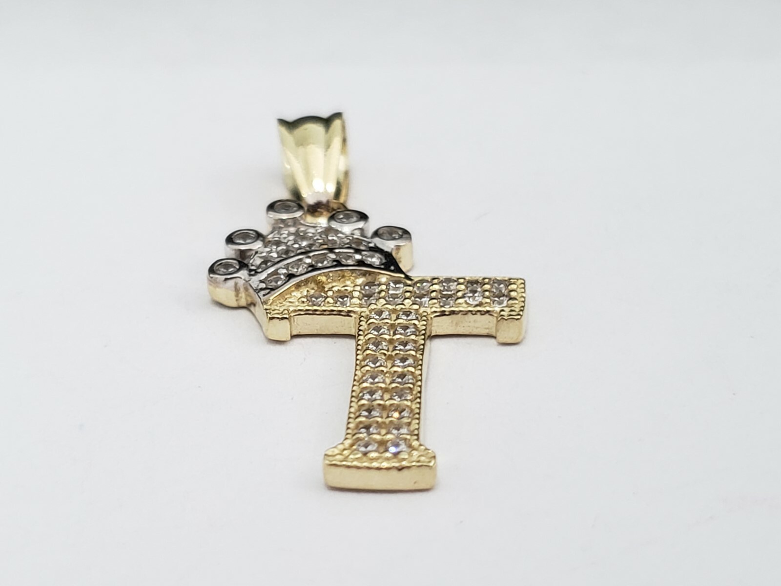 Real 10k Yellow Gold Crown Initial Alphabet Letter T Pendant Charm King Bling