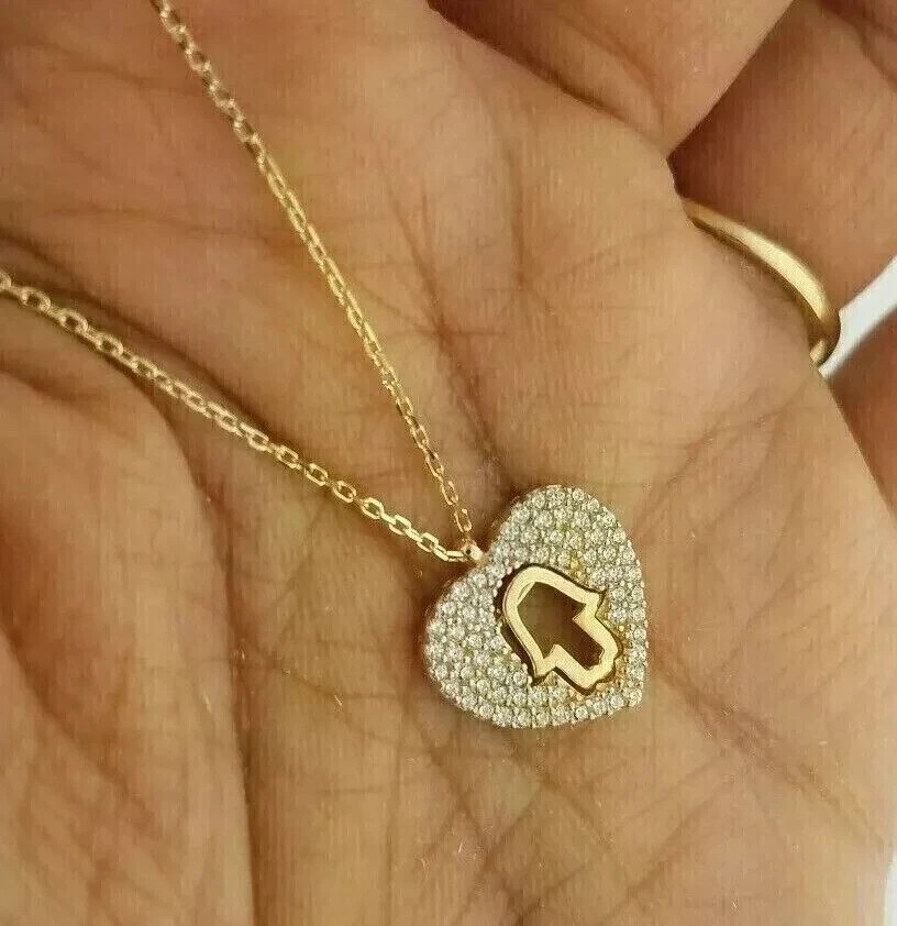 Elegant Heart Pendant Necklace Round Simulated Diamond 14K Yellow Gold Plated
