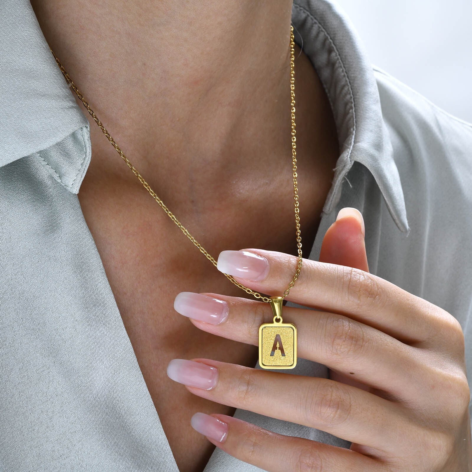 Gold Chic Initial Square Necklaces Hollow Letter A-Z Pendant Collar Women Girls