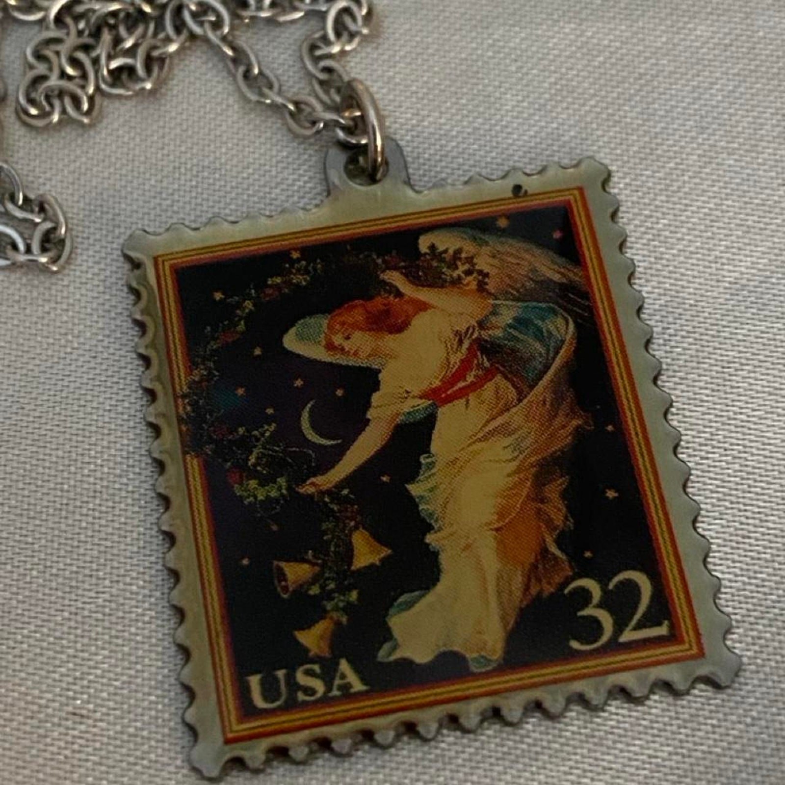 Vintage USPS Love Cherub Angel Stamp Pendant Necklace 32¢ Stainless Steel Chain