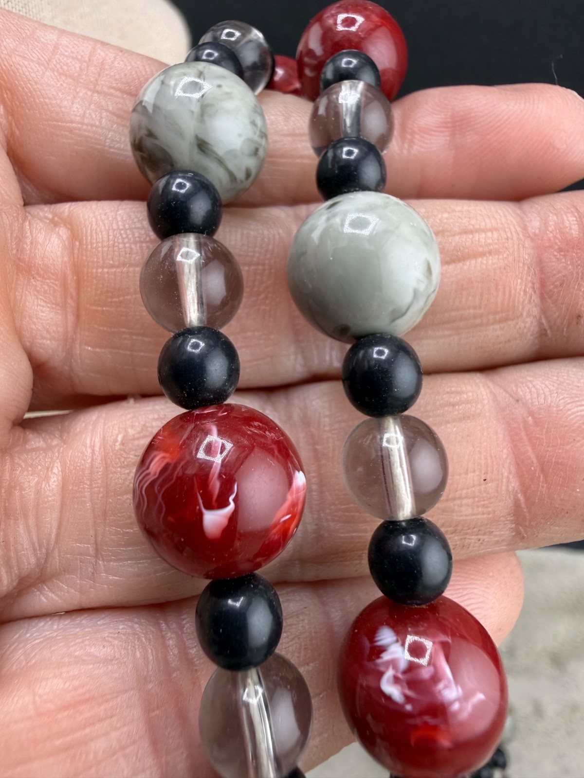 Monet Necklace Beaded Red Grey Black Signed 36”