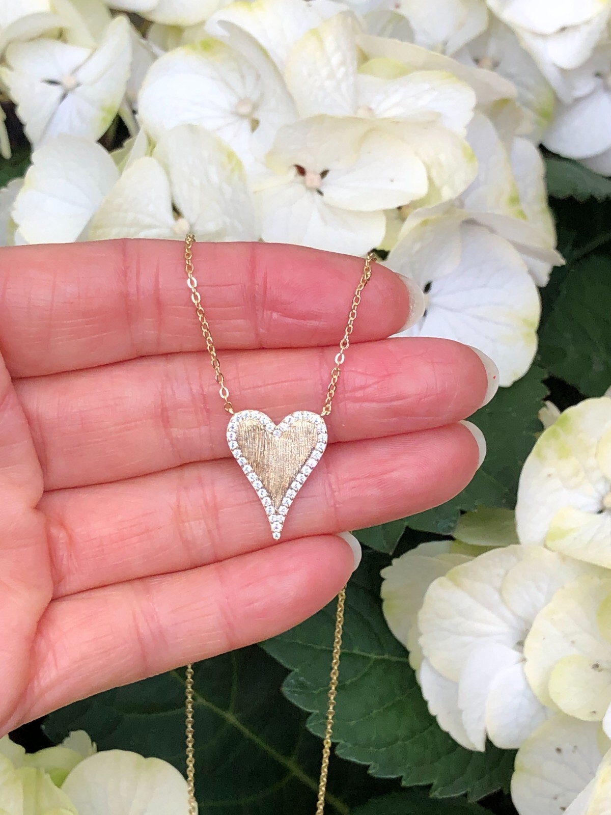 925 Sterling Silver CZ Matte Gold Heart Pendant Necklace Women 19mm/0.75″ 17.5”