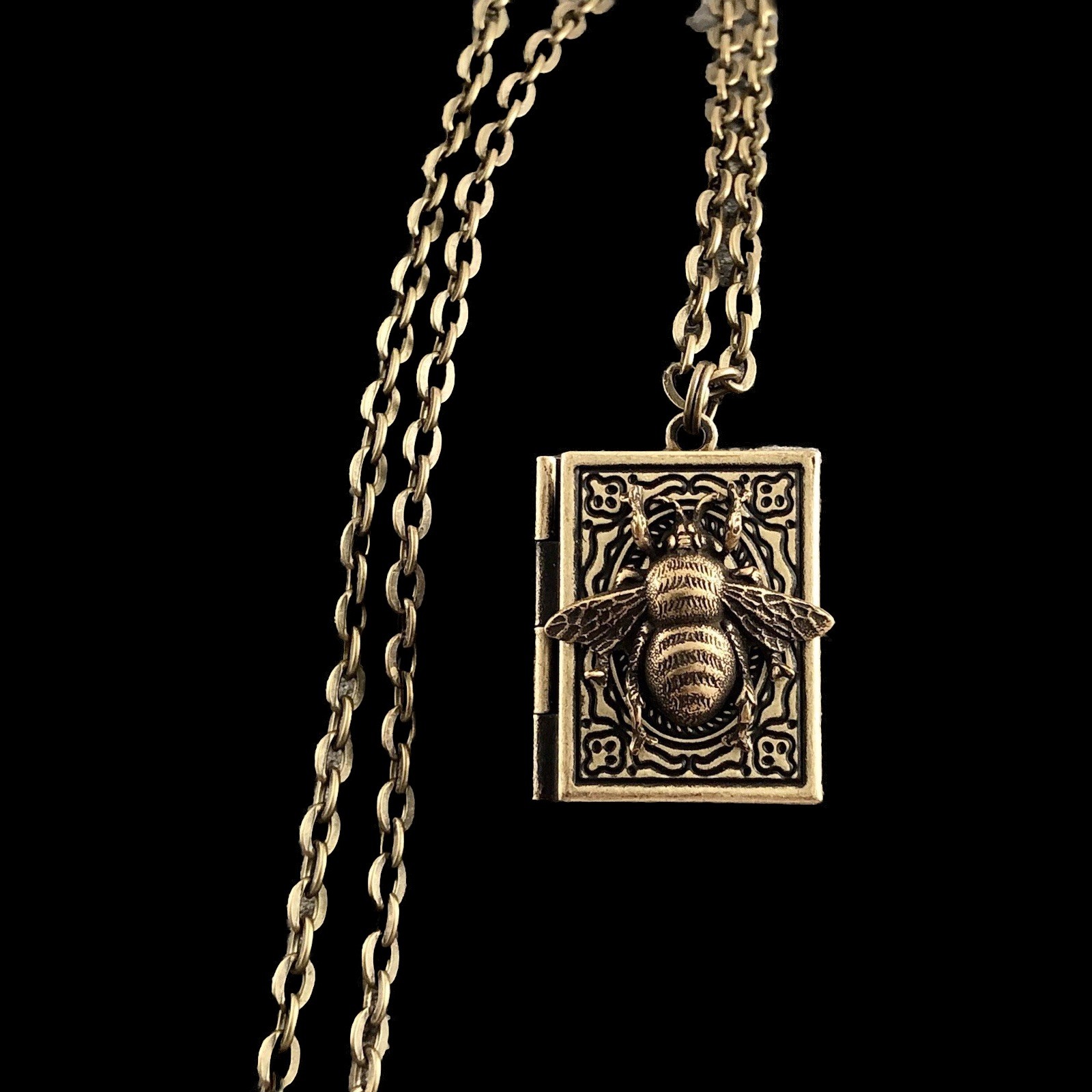 Bumblebee Honey Bee Photo Diary Book Locket Necklace, Antiqued Brass Vtg Pendant