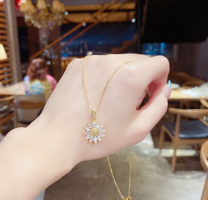 14K Gold Stainless Steel Sunflower CZ Pendant Necklace 16-18″ Chain Women AG