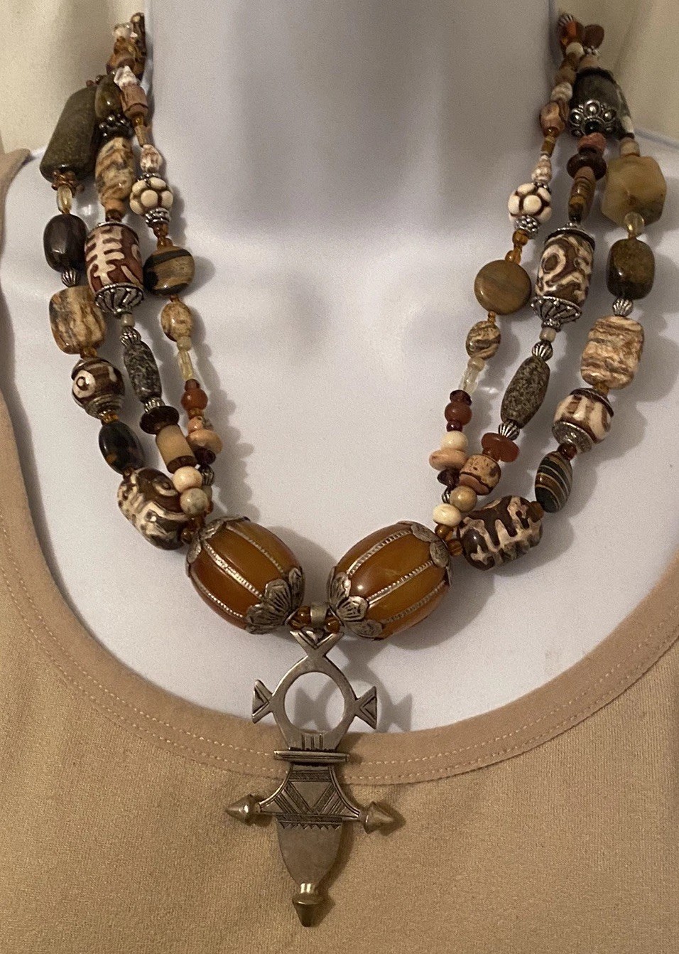 Global Trade Bead Necklace Amber Gemstone DZI Shell Glass Tuareg Cross Pendant