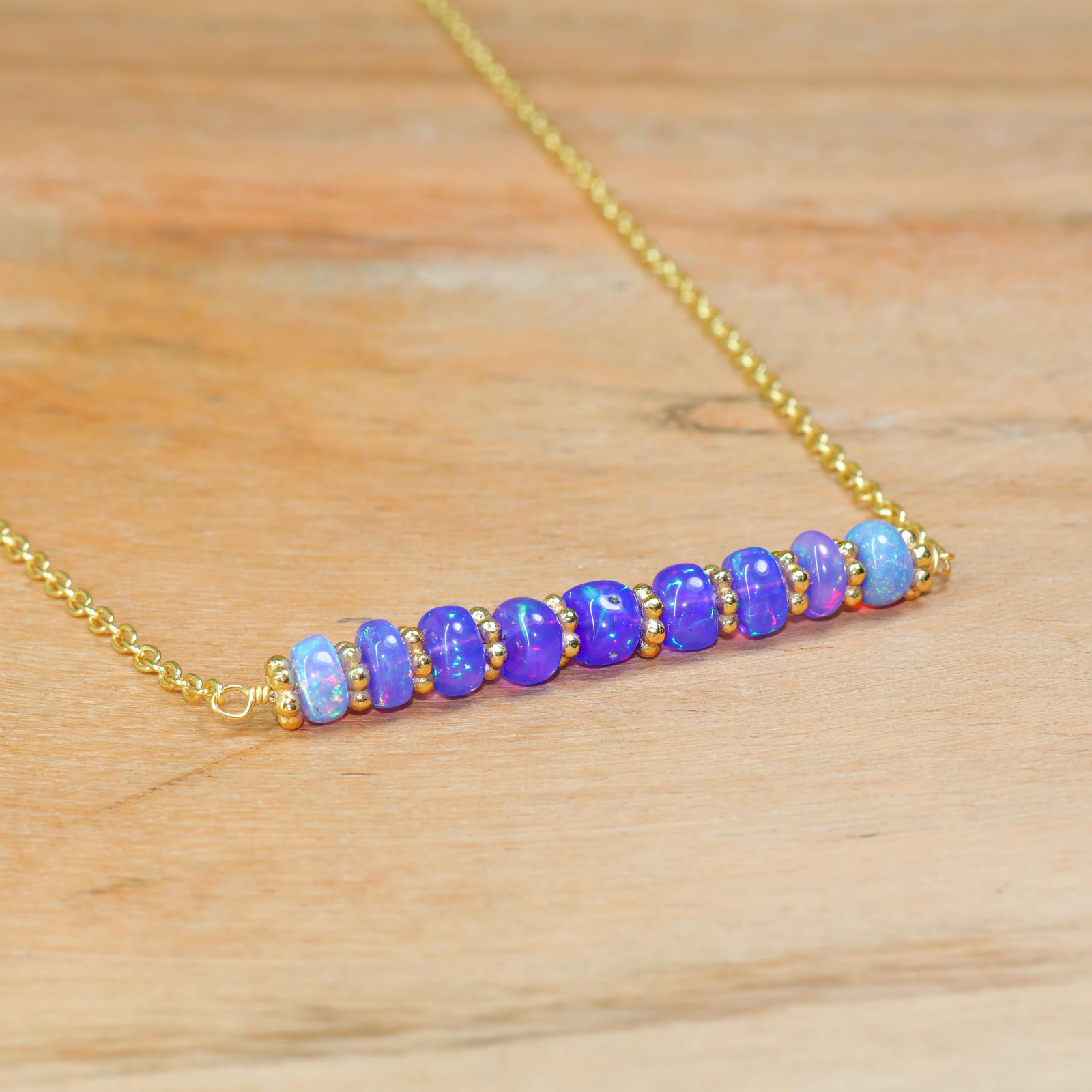 Lavender Fire Opal Bar Necklace, Natural fire Opal Gemstone Gold Chain Necklace