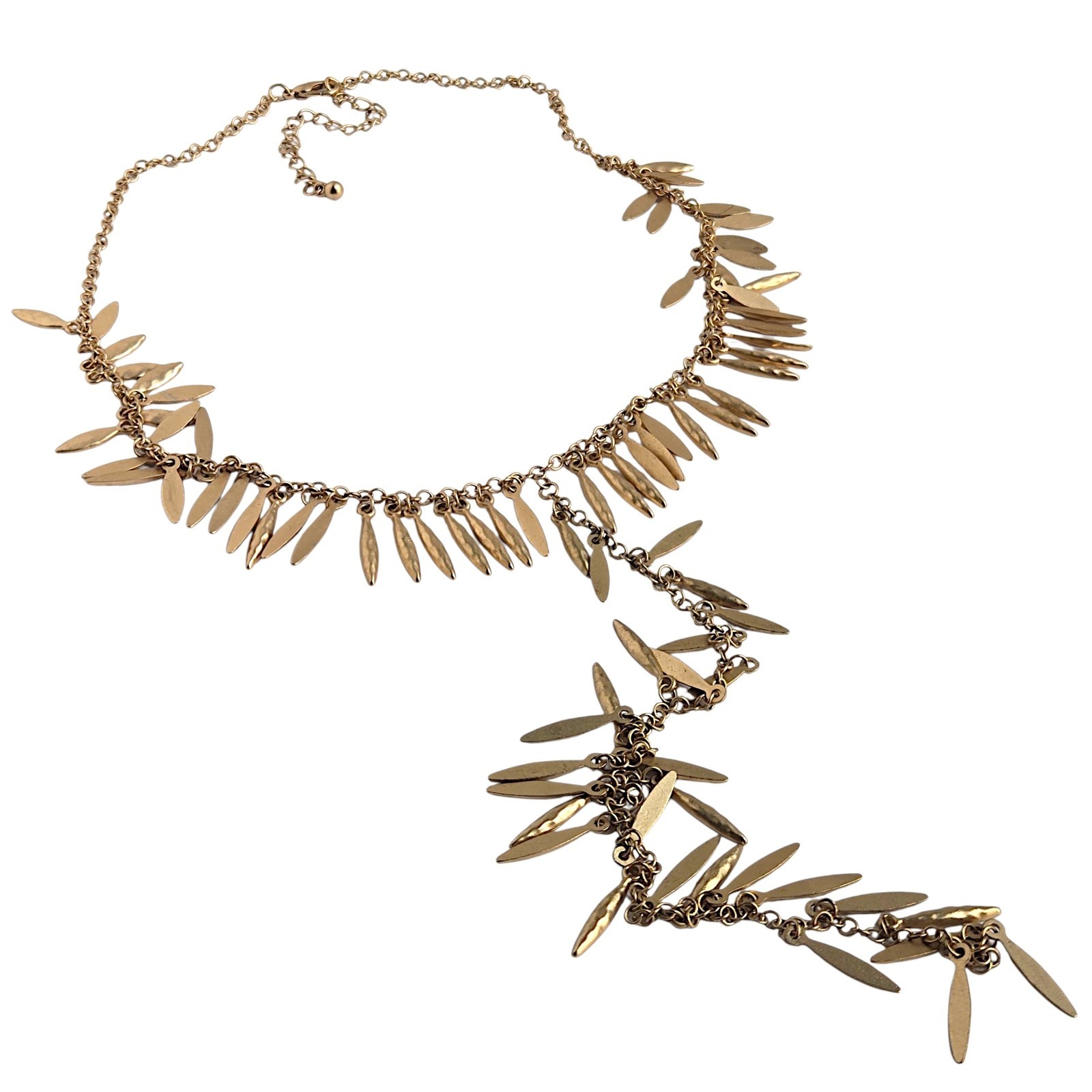 Leaf Fringe Y Drop Lariat Necklace Matte Gold Tone Boho Statement 17″-20″