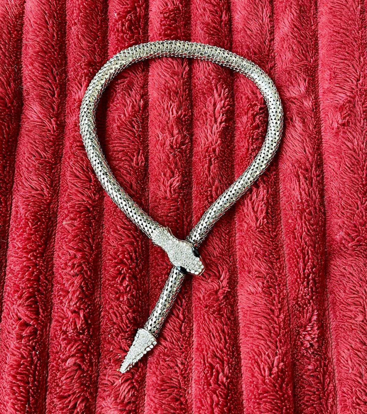 Silver Tone Snake Mesh Chain Necklace, Pavé Crystal Rhinestones, 21 in