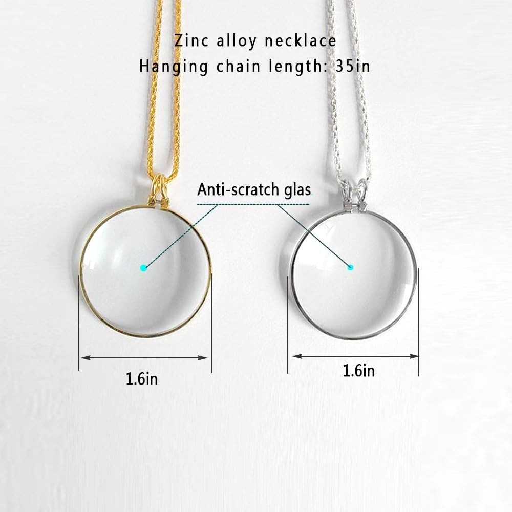 5X Magnifying Glass Pendant 1.6″ Glass Lens Dia. and 35″ Alloy Necklace (Gold…