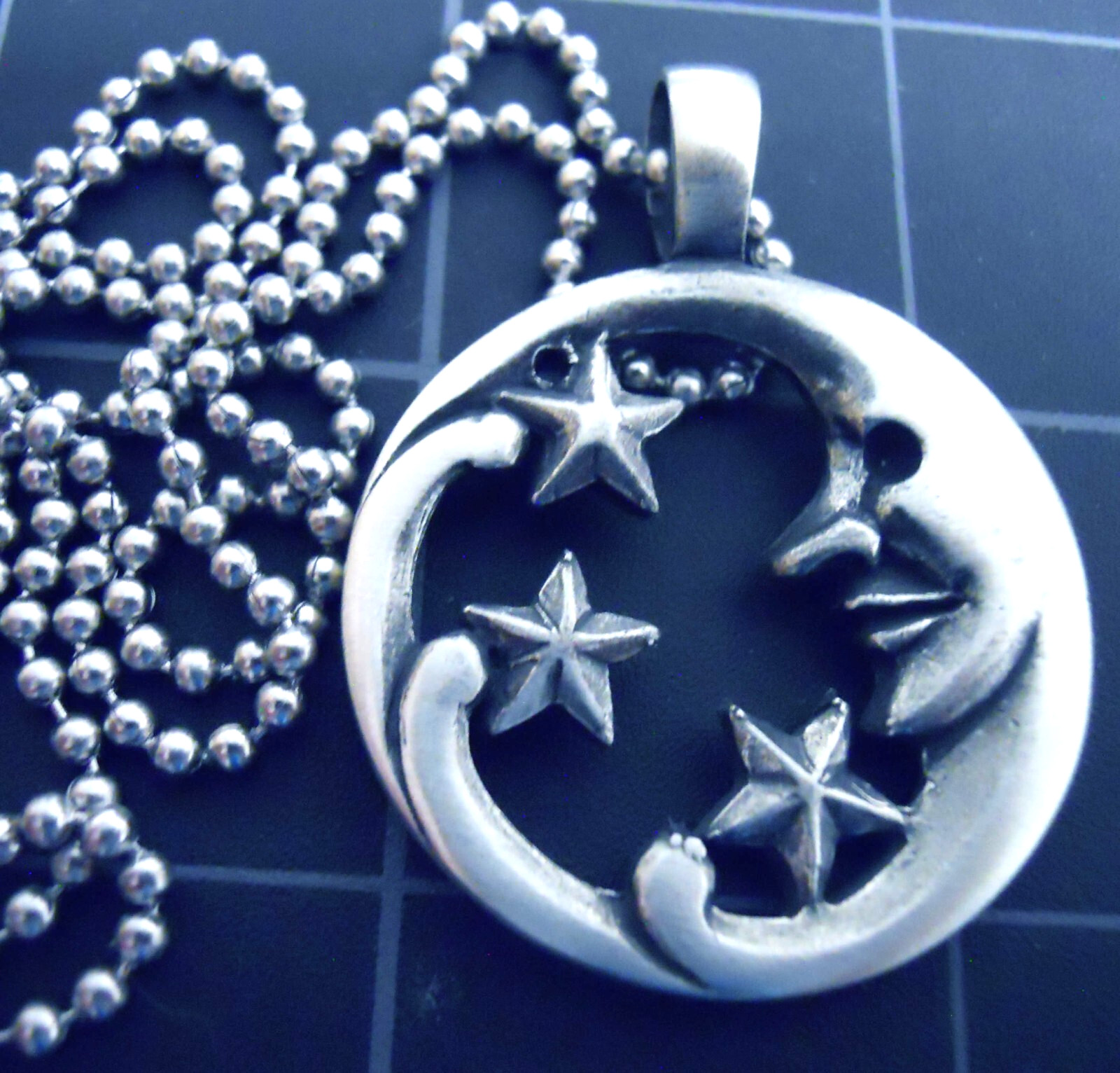 Necklace MOON & STARS Pendant Stainless Steel Ball Chain New Old Stock Rare