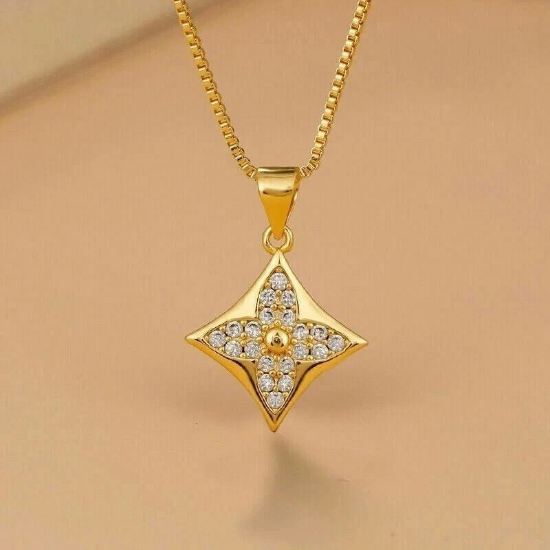 Women’s Elegant Pendant Necklace Round Simulated Diamond 14K Yellow Gold Plated