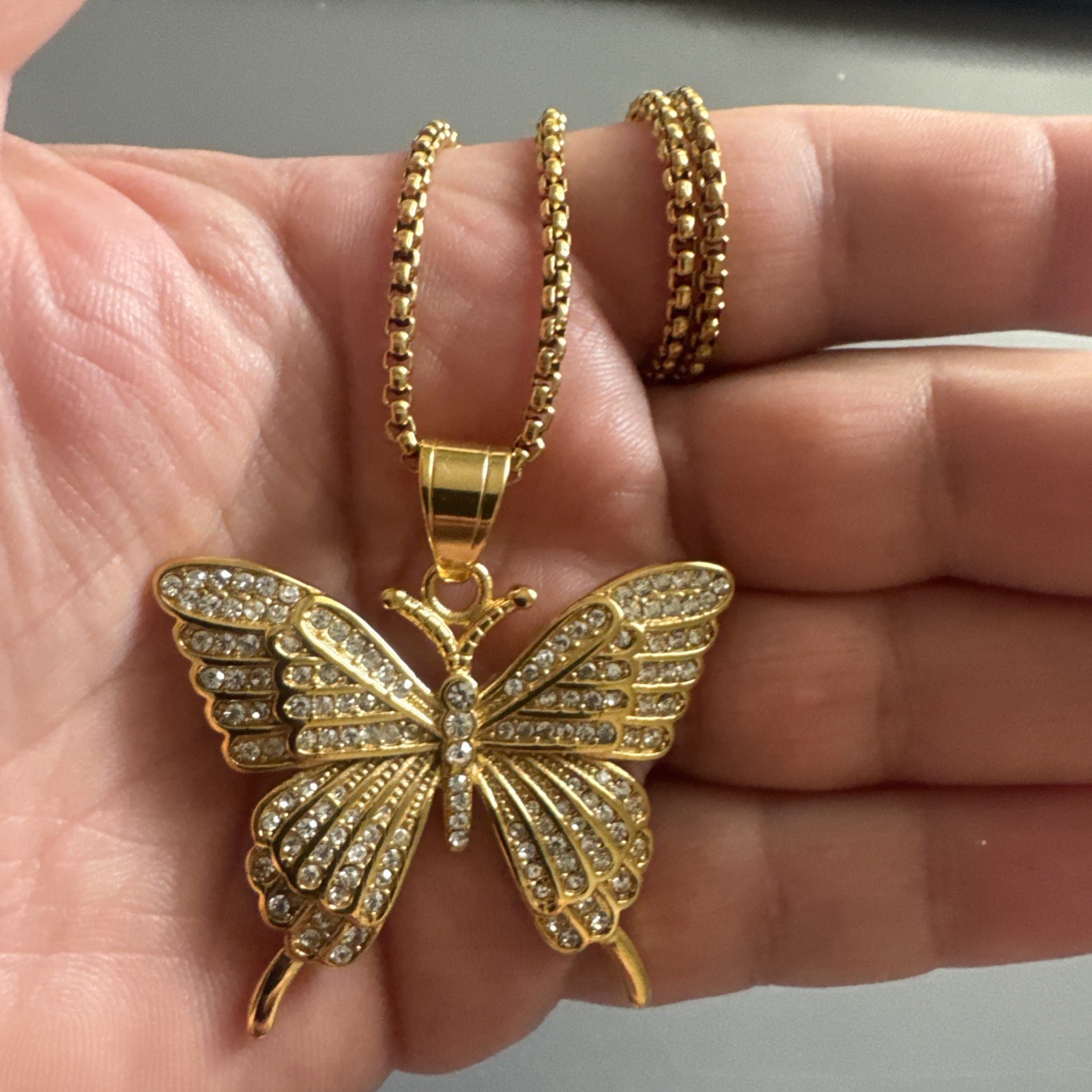 Butterfly Gold Tone Pendant Necklace Stainless Steel Gift Her Cubic Zirconia Fly