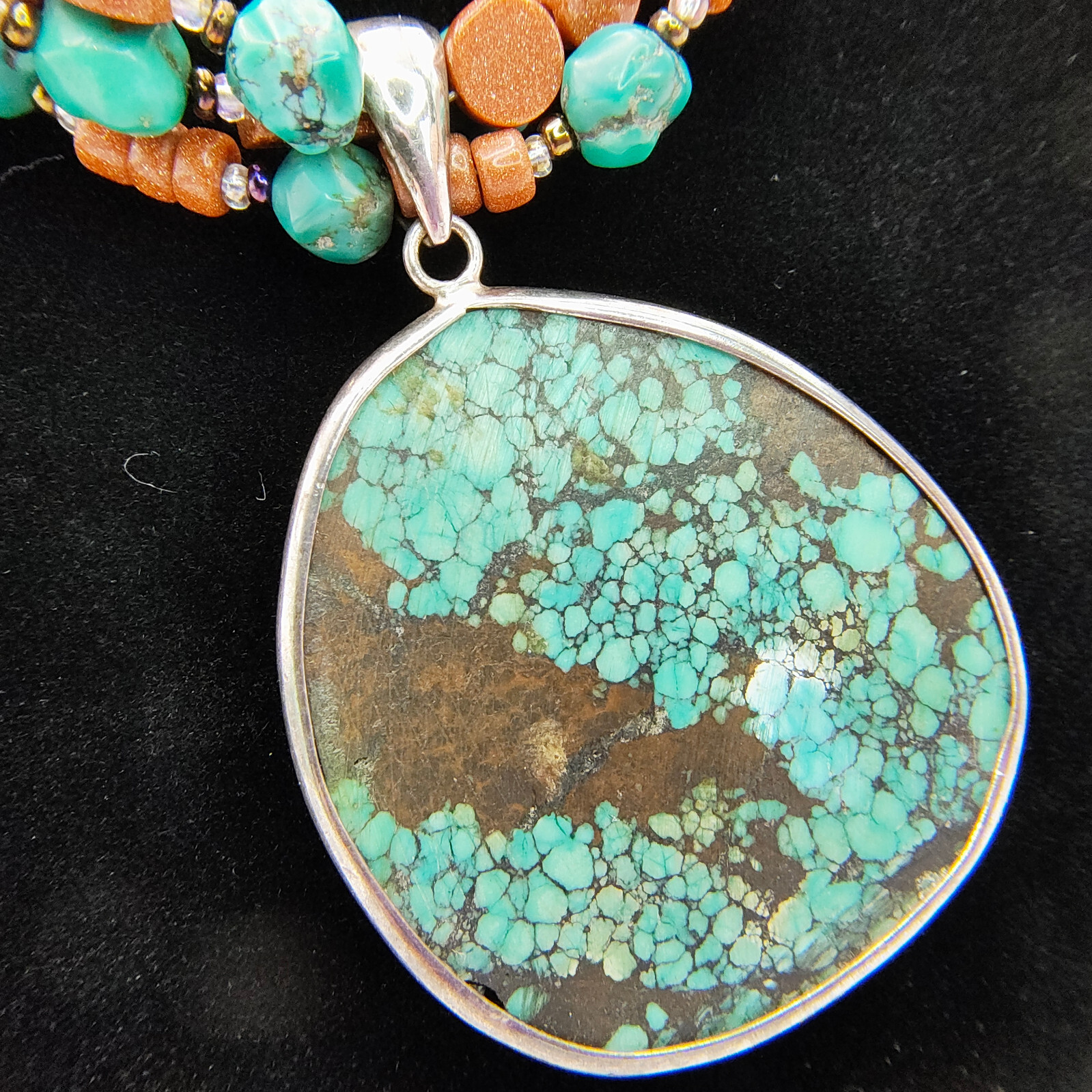 Faux Turquoise Pendant Necklace 925 Sterling Glitter Copper Color Bead Boho
