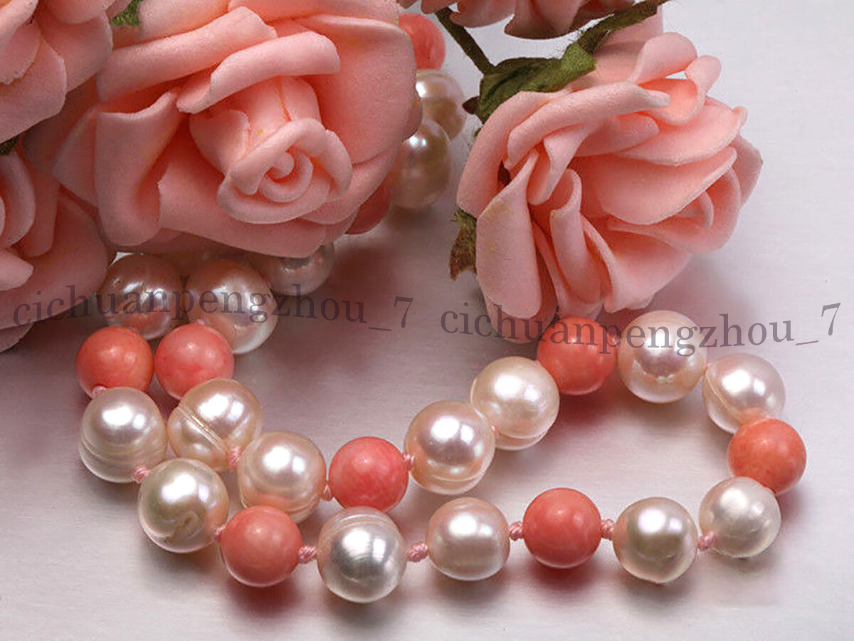 Natural 7-8mm White Freshwater Pearl 8mm Pink Coral Round Beads Necklace 36-100″