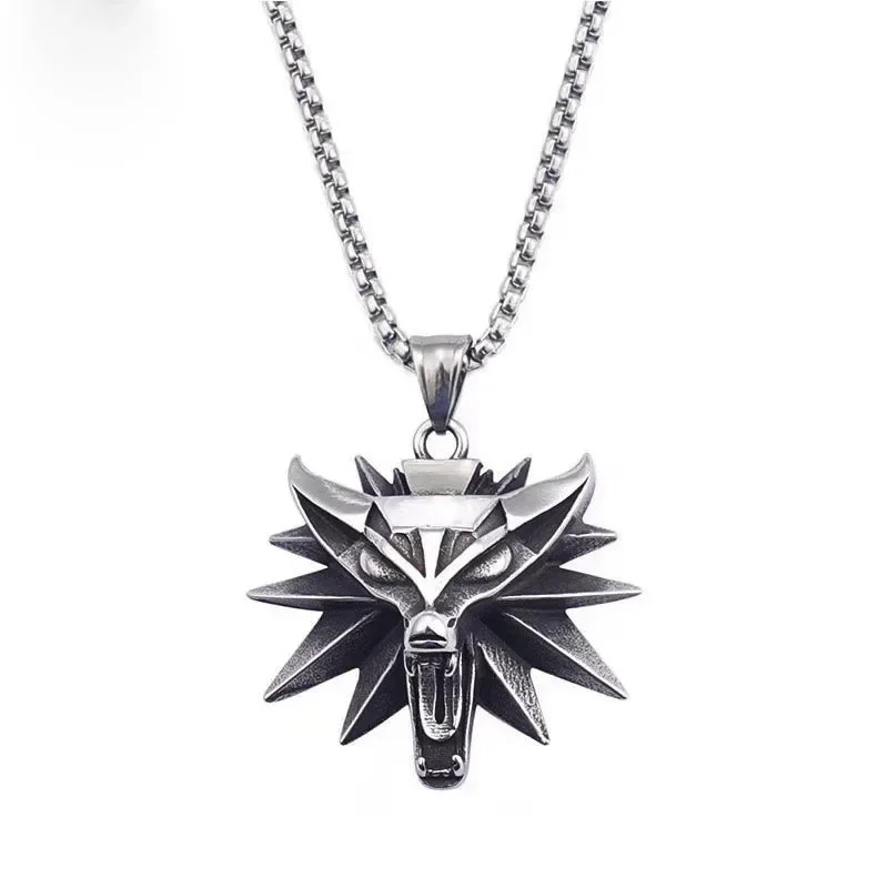 Men’s Pendant Witcher Punk Head Necklace Wolf Rock Biker Jewelry Chain 24″ Gift