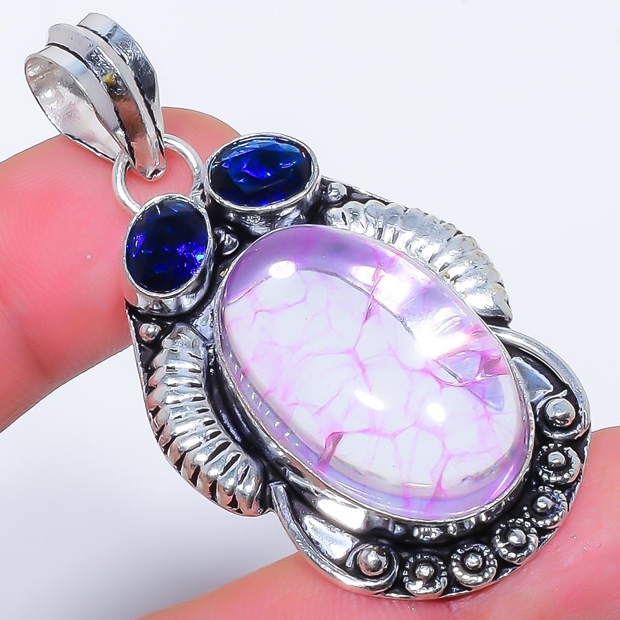 Pink Crack Crystal & Sapphire (Lab-Created) 925 Silver Plated Pendant 2.2″ F76