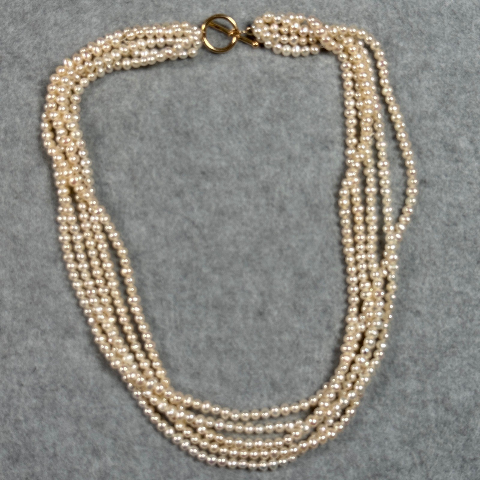 Multi Strand Freshwater Pearl Necklace Toggle 14K Gold Clasp Cream 5 Row 19in