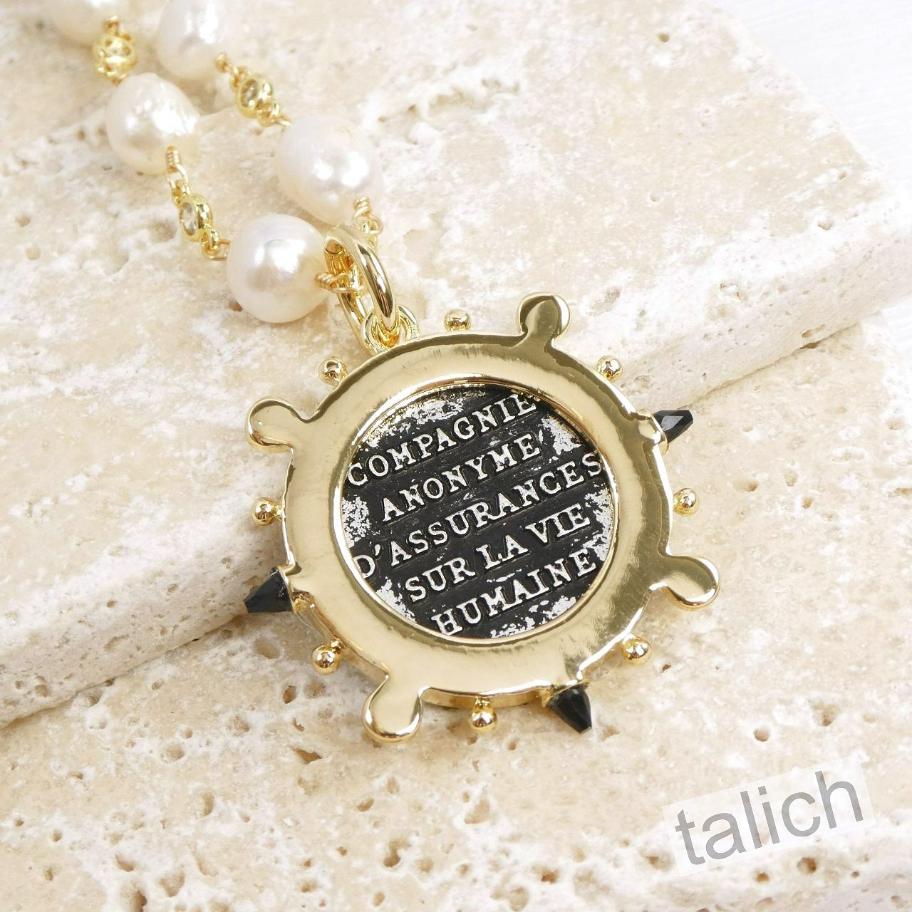Designer VB&CO Chunky White Pearl Necklace with Large Le Monde Coin Pendant Chic