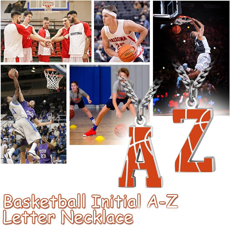 Basketball Letter Necklace – Men’S Basketball Charm Pendant, Stainless Steel Sil