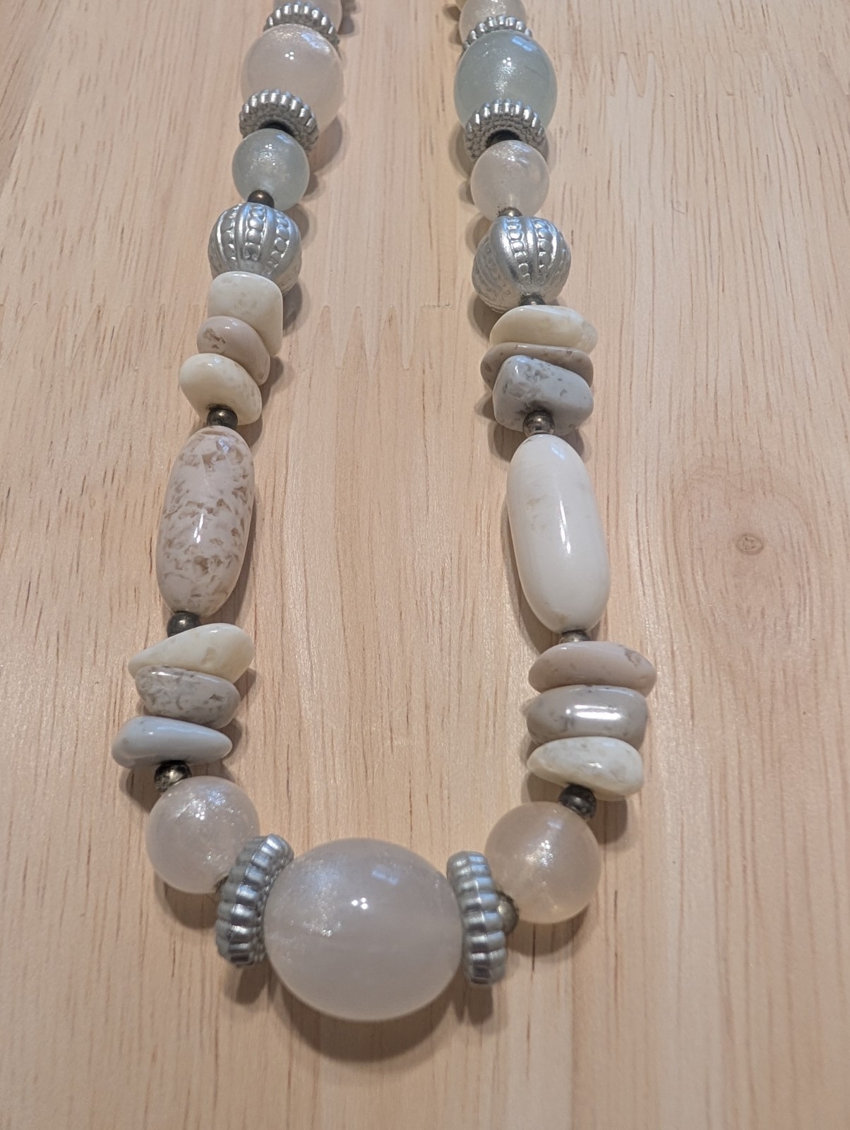 White Neutral Stone and Silver-Tone Beaded Summer Beach Strand Necklace