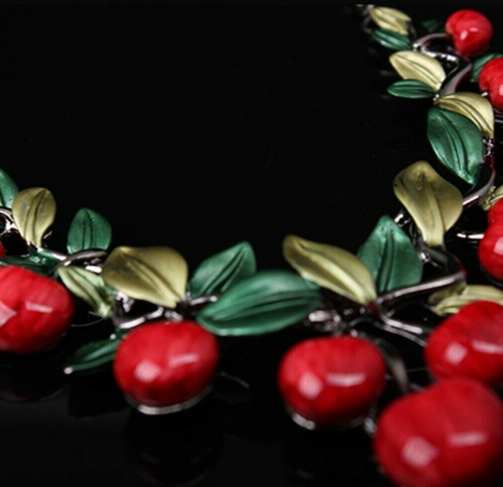 US Seller Cute Enamel Red Cherry Leafs Gun Black Chain Necklace