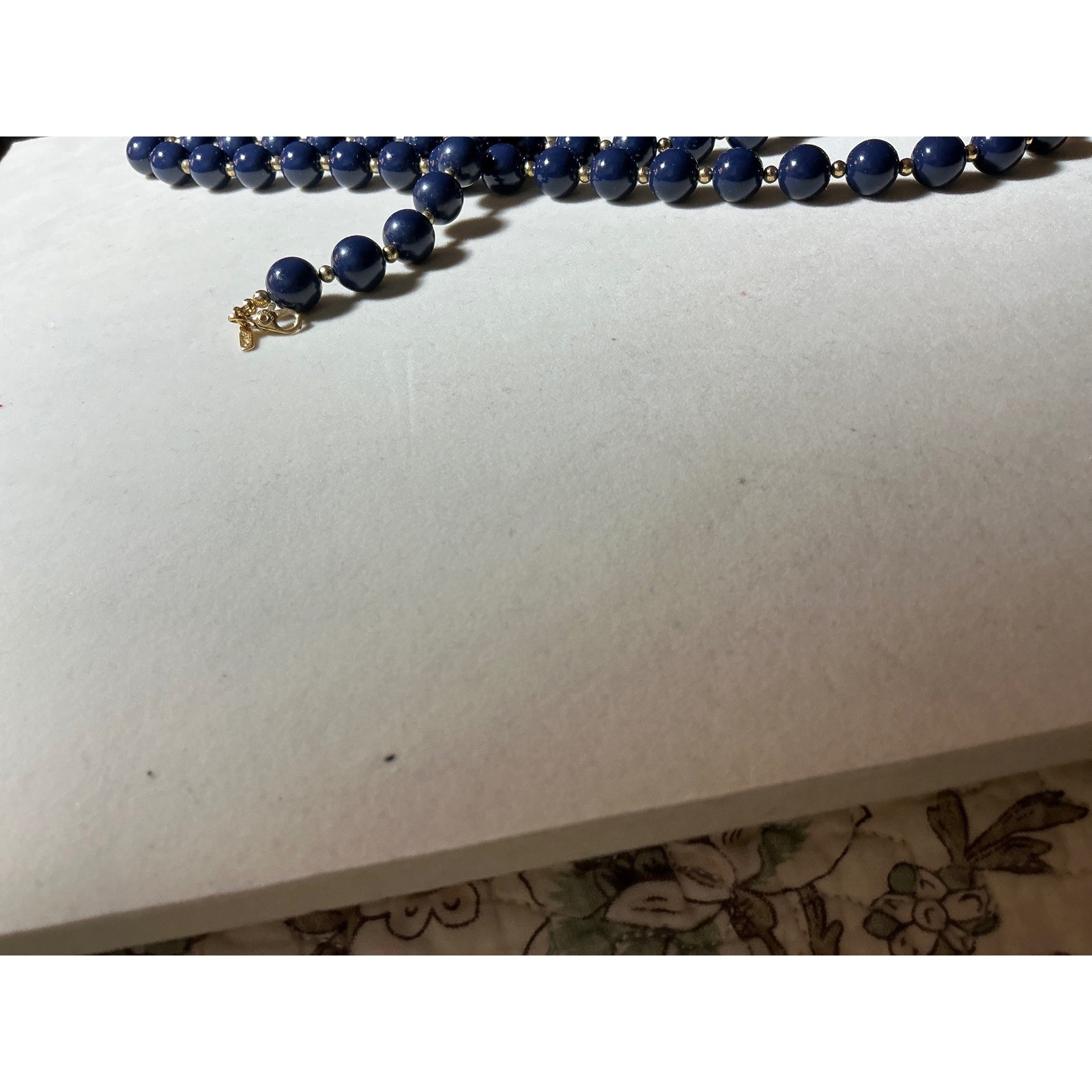 Monet Navy Blue Beaded Necklace 30inch Gold Tone Spacers Classic Strand