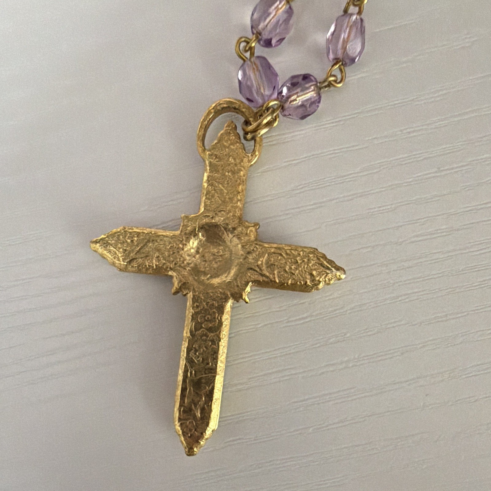 Gold Tone Rope Chain Necklace Purple Crystal Bead Cross Pendant Lobster