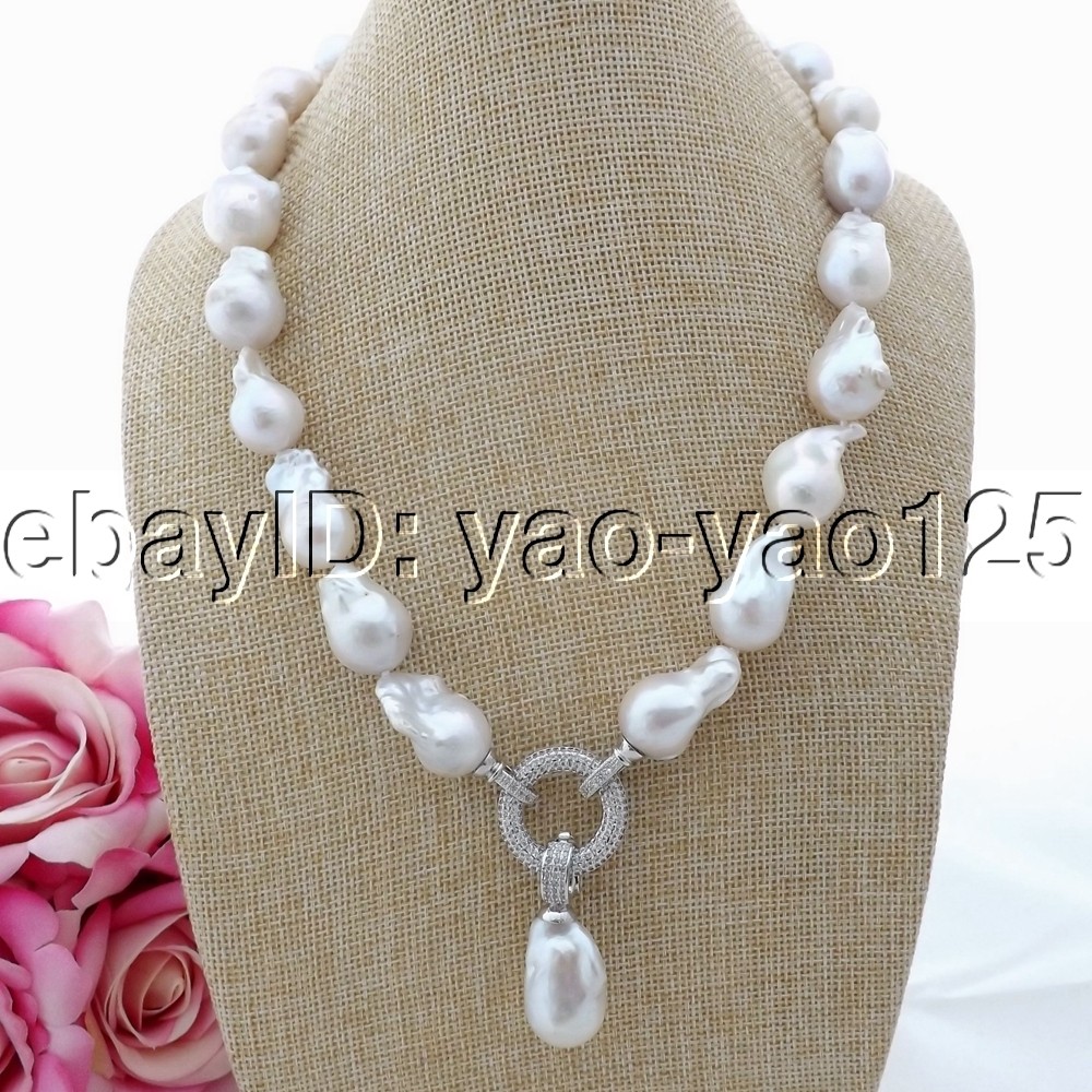 K093005 20″ White Keshi Pearl Necklace CZ Pendant