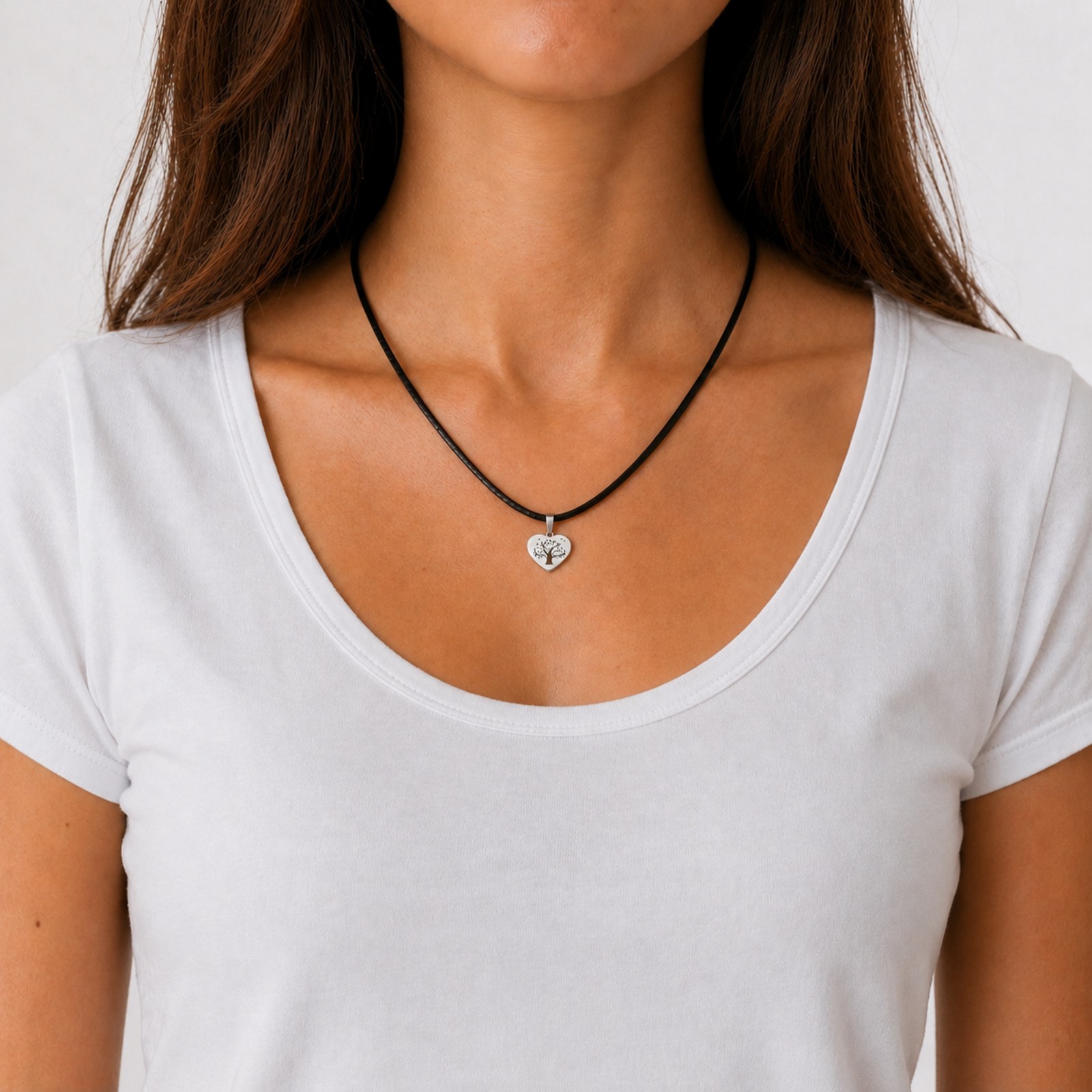 Stainless Steel Tree of Life Heart Pendant Necklace on Black Satin Silk Cord