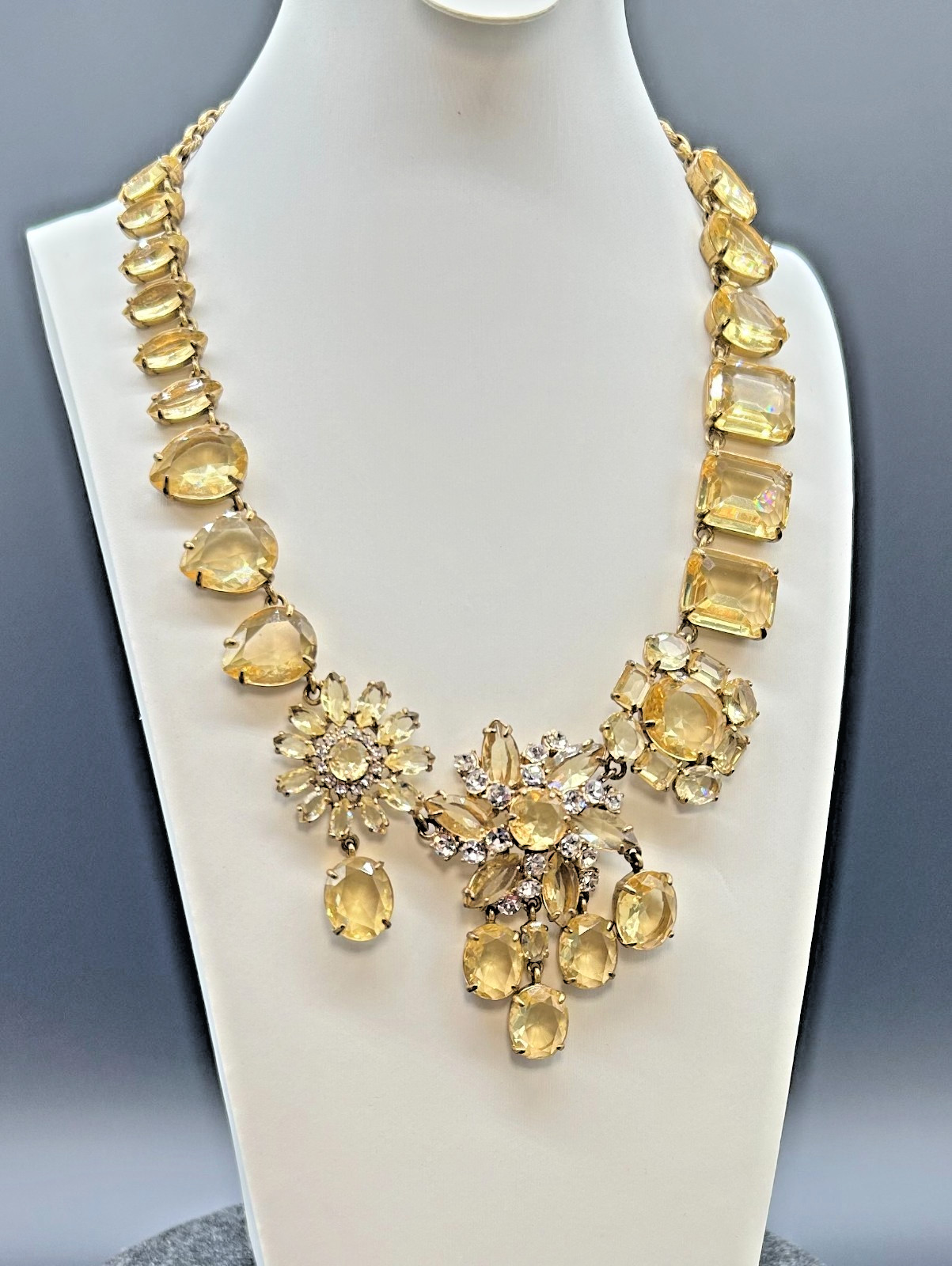 J Crew Yellow Citrine Crystal Rhinestone Cluster Bib Statement Necklace VTG NWOT
