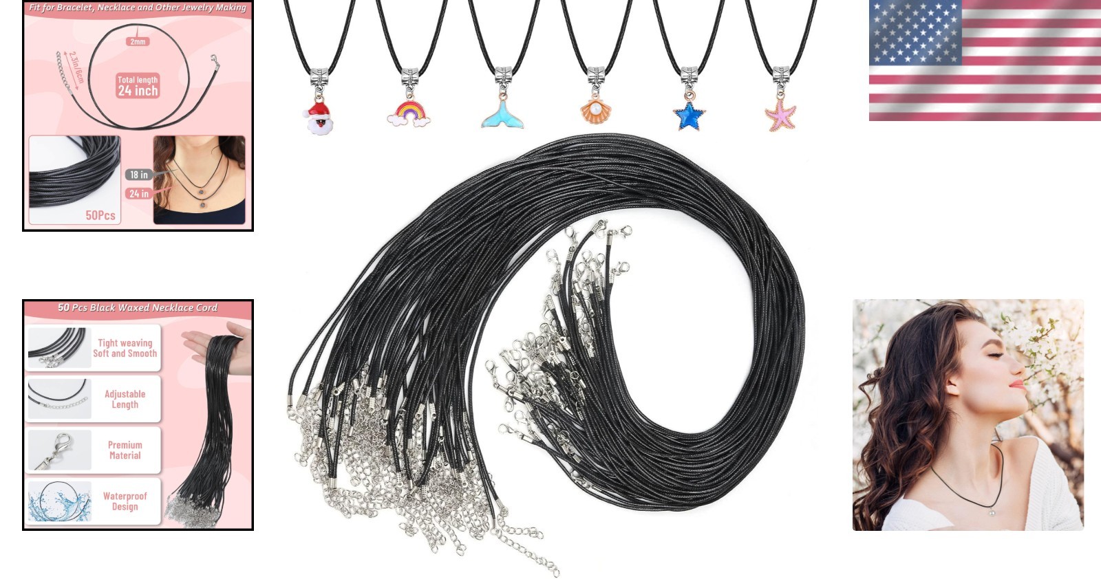 50 Pcs Black Waxed Cotton Cord Necklace String Rope with Clasp for Jewelry Ma…