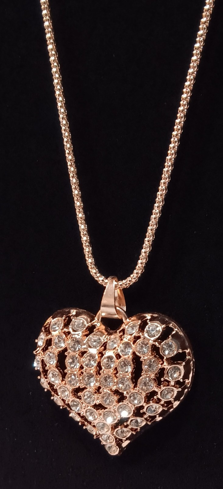 Rose Golden Hollow Heart Pendant Necklace W/Sparkling Rhinestones. Free Shipping
