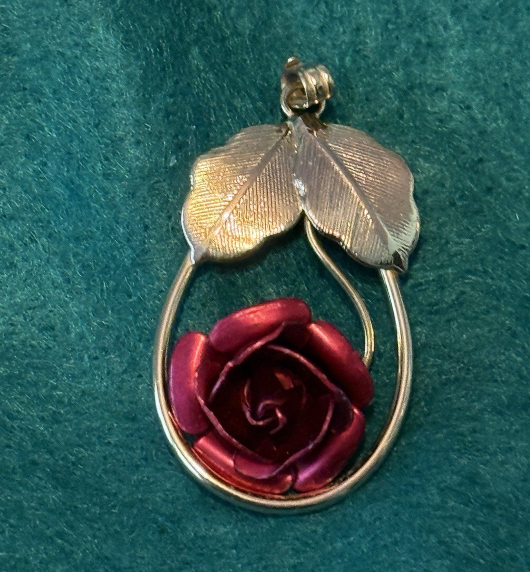 Vintage Gold Tone Teardrop Red Rose & Leaf Charm Pendant, Metal, Red, No Stone