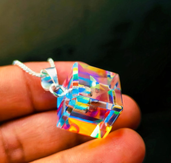 17 x 17 MM Cube Cut Rainbow Color Mystic Topaz Pendant Sliver Jewelry With Chain