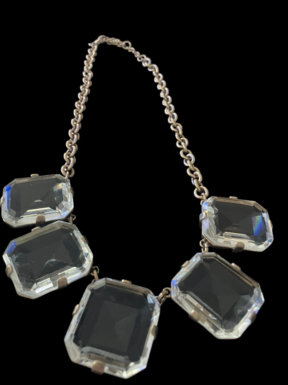 J Crew 5 Crystal Emerald Cut Bezel Set Stones Necklace 17”- 20” EUC