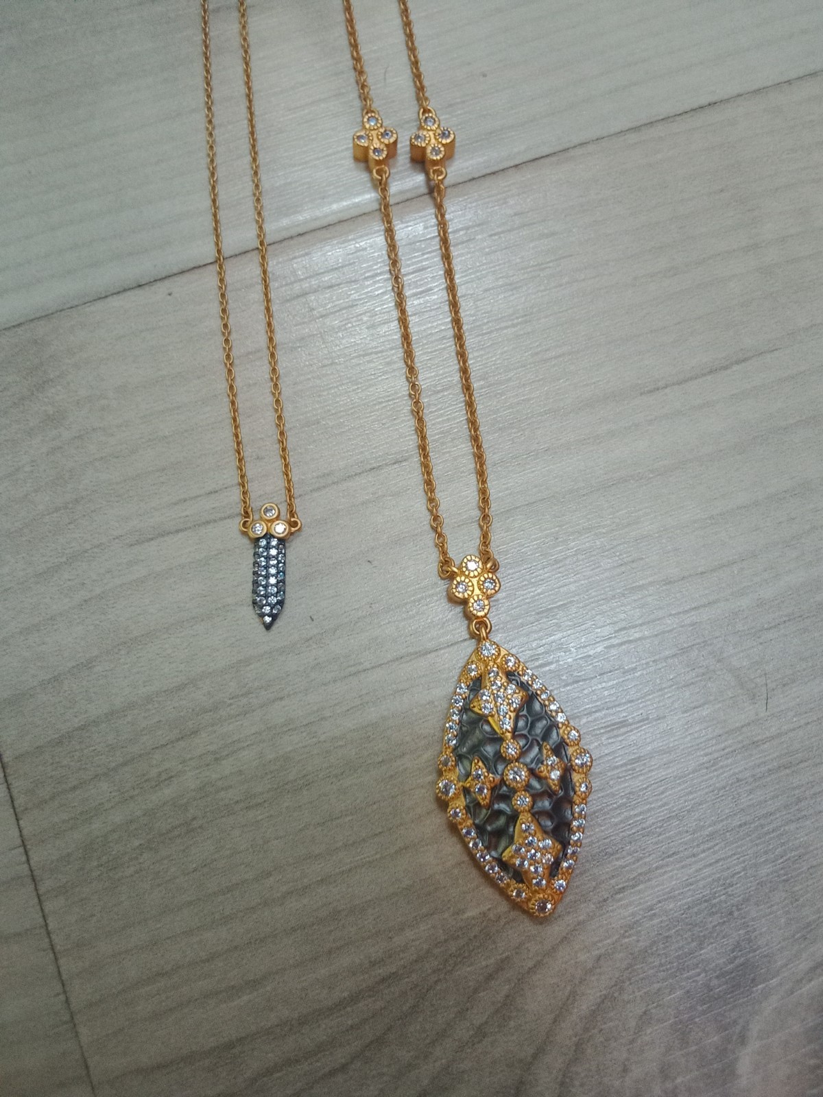 2 Gold Tone Freida Rothman Necklaces Stamped 925 Gray & CZ Accents