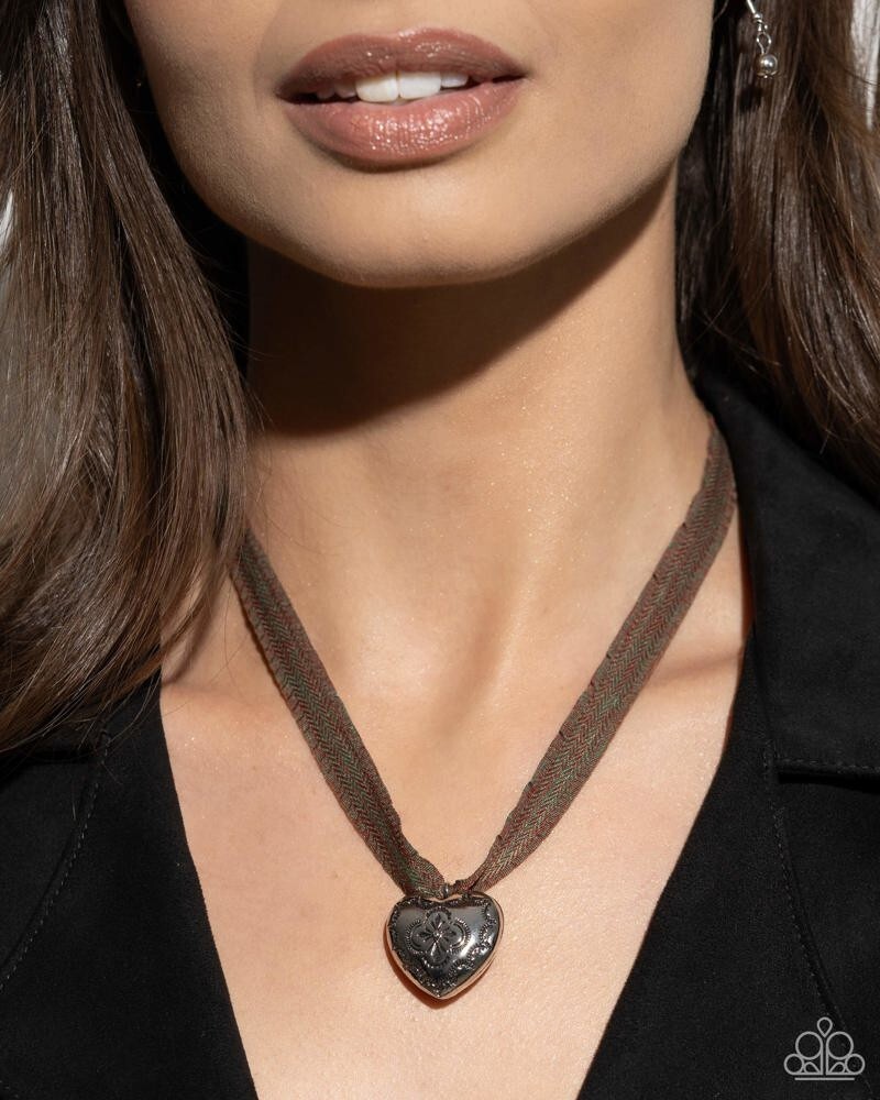 Paparazzi Fabricated Finesse – Brown – Embellished Engraved Heart- Brown Ribbon