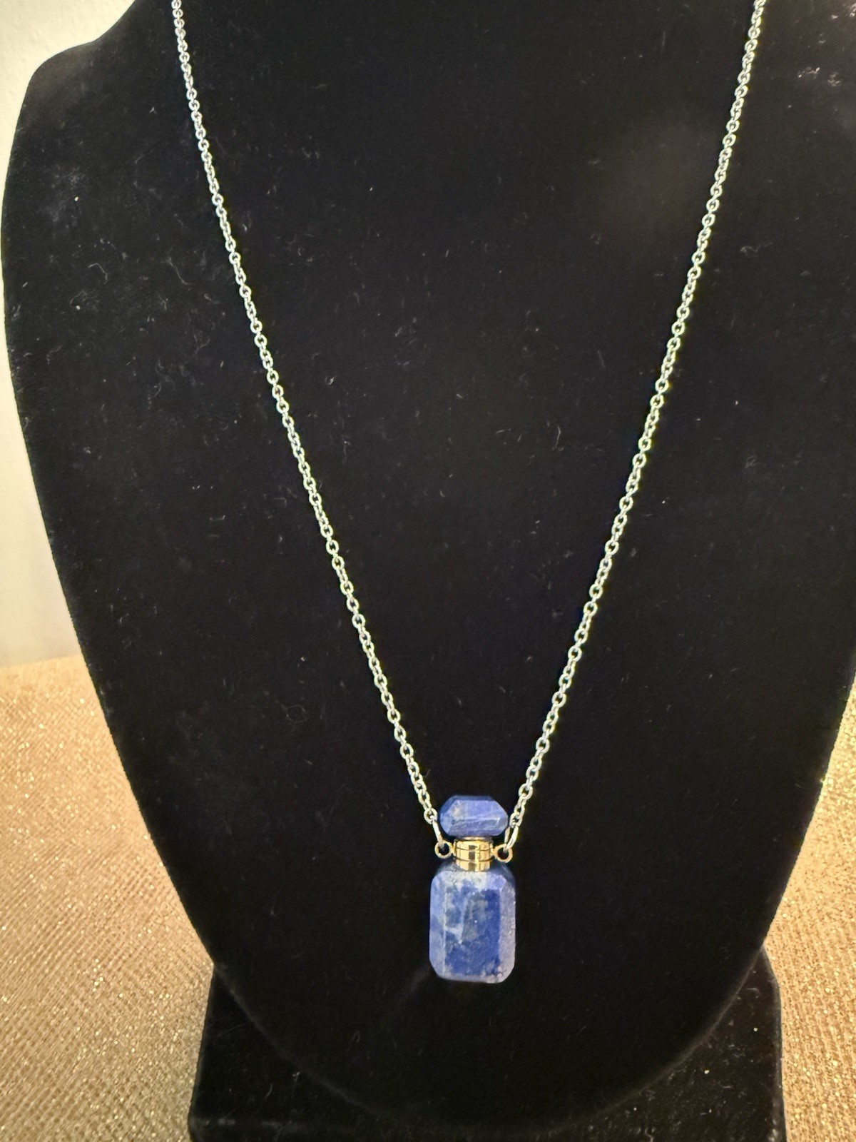 Lapis Lazuli Pendant Necklace, 20 Inches In Stainless Steel, Perfume Bottle