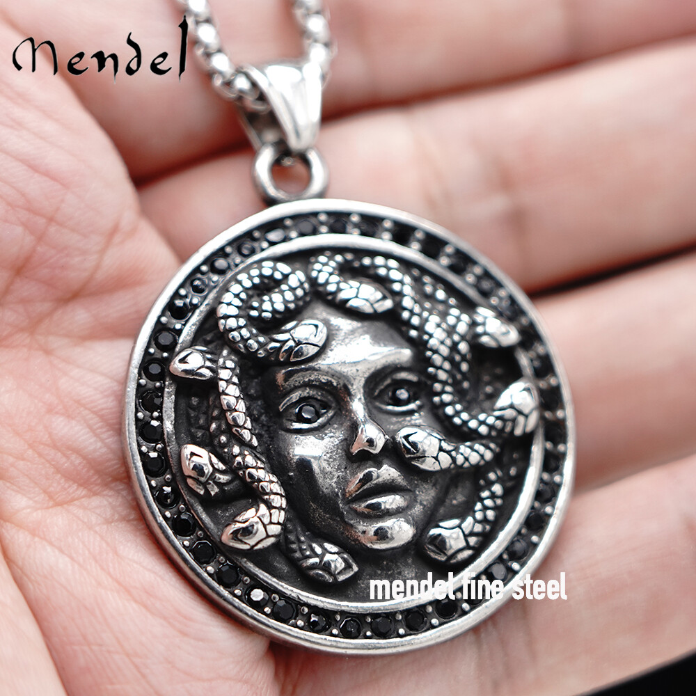 MENDEL Mens Hip Hop Black CZ Greek Medusa Snake Pendant Necklace Stainless Steel